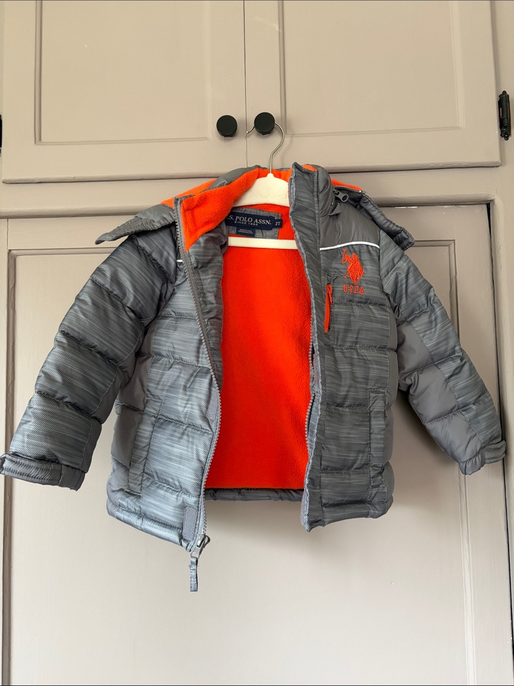 Boys U.S. Polo Assn. Gray Puffer Jacket with Orange Lining
